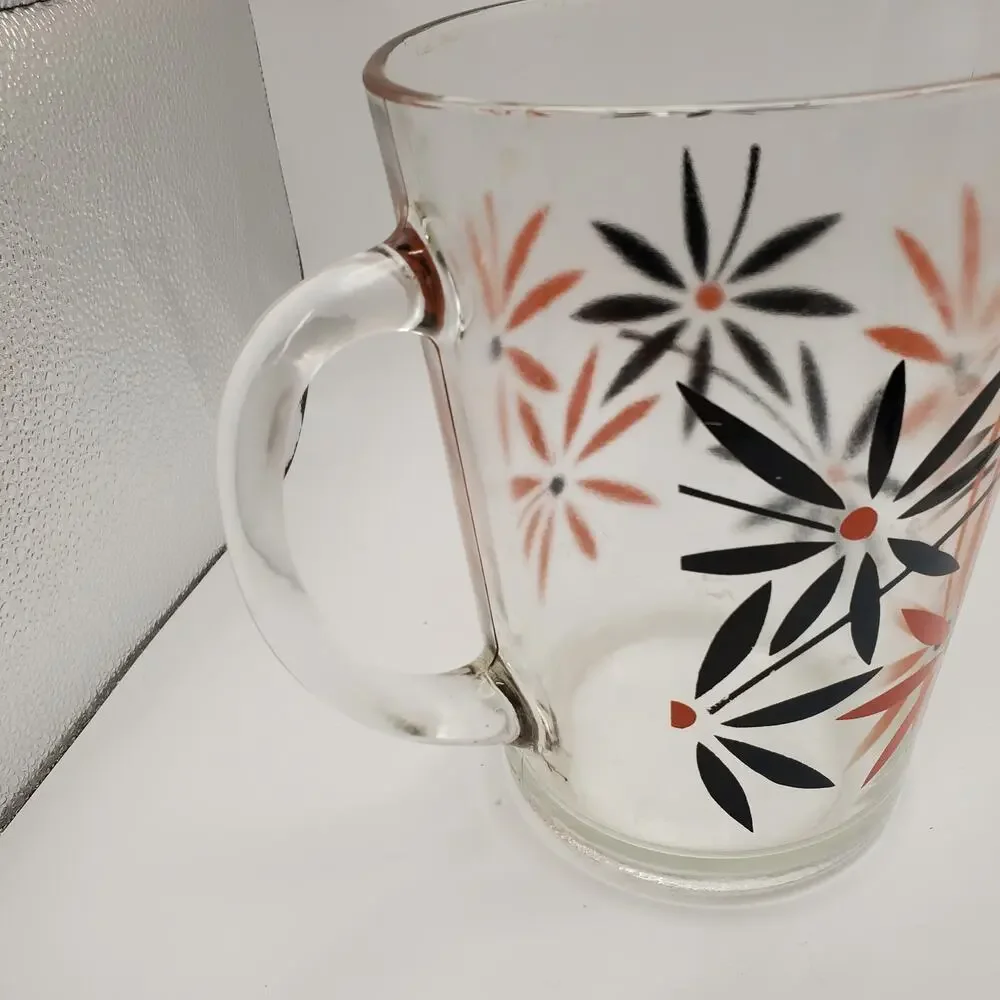 Mid-Century Modern Anchor Hocking Pitcher – Coral Pink & Black Atomic Floral